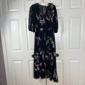 Calvin Klein Black W/ Blue Floral 3/4 Sleeve Floral Chiffon Lined Maxi Dress 8